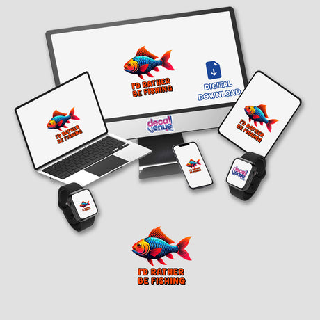 Laptop and monitor displaying a fish logo, representing the I'd Rather Be Fishing theme. Available as stickers or digital artwork, reflecting Decal Venue's focus on unique vinyl and digital designs.