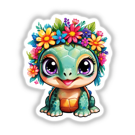 Flower Crowned Turtle: Cute baby turtle with flowers on its head, available as stickers or digital artwork from Decal Venue.