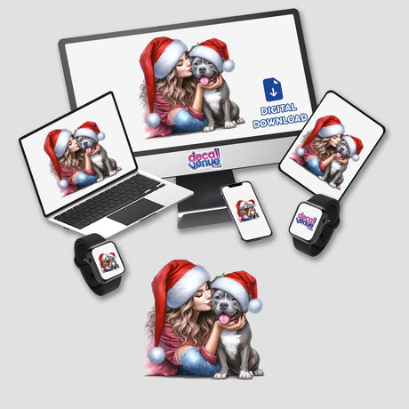 Santa Christmas Lady Loves Her Pitbull sticker features a woman in a Santa hat lovingly holding her pitbull. Available as stickers or digital artwork, perfect for festive and dog-loving enthusiasts.