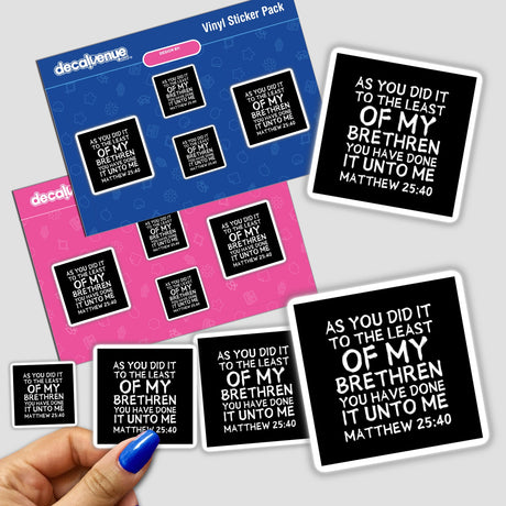 Hand holding a pack of Matthew 25:40 Christian Sticker and Clipart featuring inspirational Bible verse designs, available as stickers or digital artwork with commercial rights for faith and encouragement.