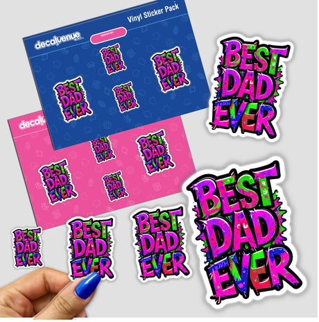 Sticker pack featuring the phrase Best Dad Ever in colorful text, suitable for both physical stickers and digital artwork, reflecting Decal Venue's unique design offerings.