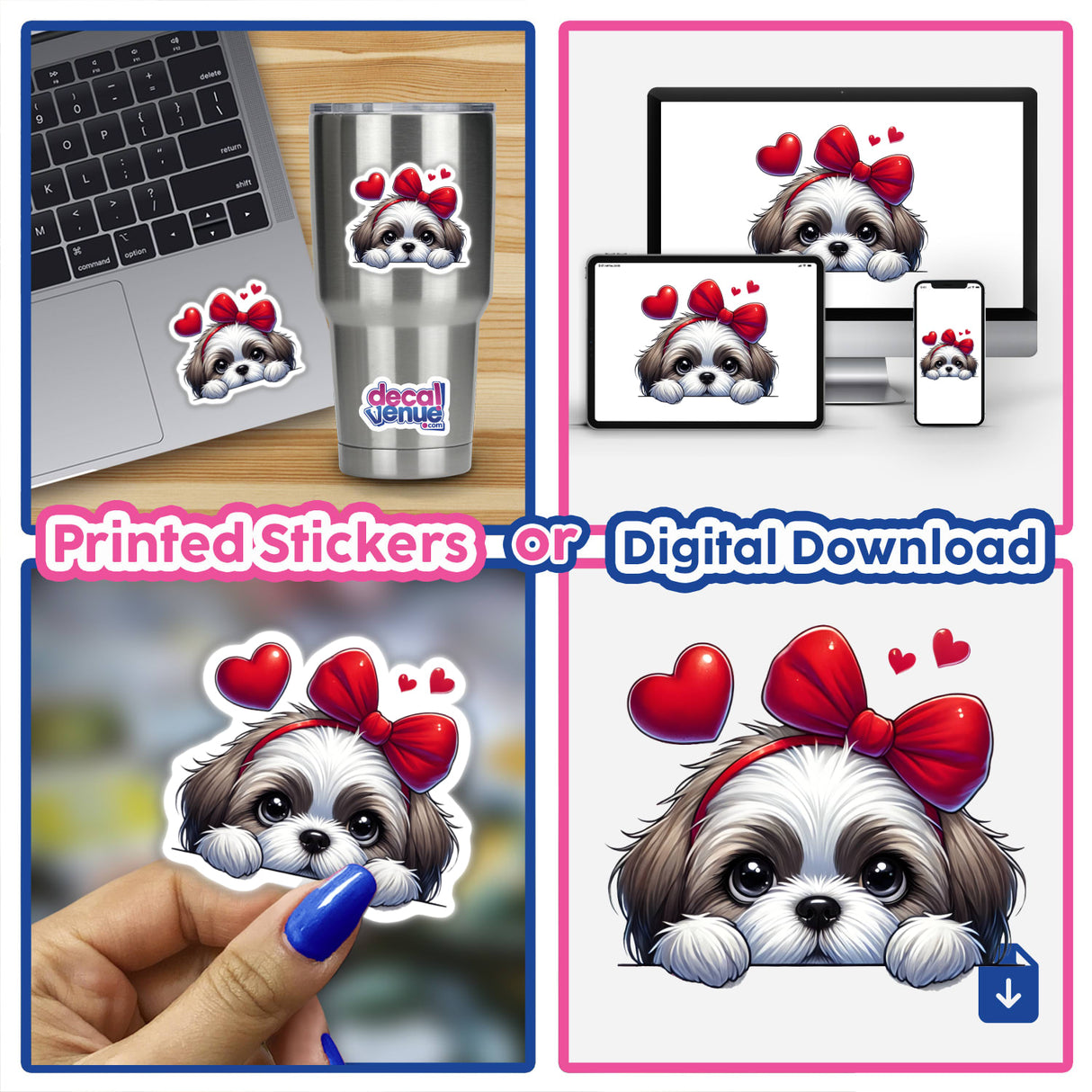 Peeking Valentine Shih Tzu Dog sticker features a charming Shih Tzu with a red bow, perfect for laptops. Available as vinyl stickers or digital artwork from Decal Venue.