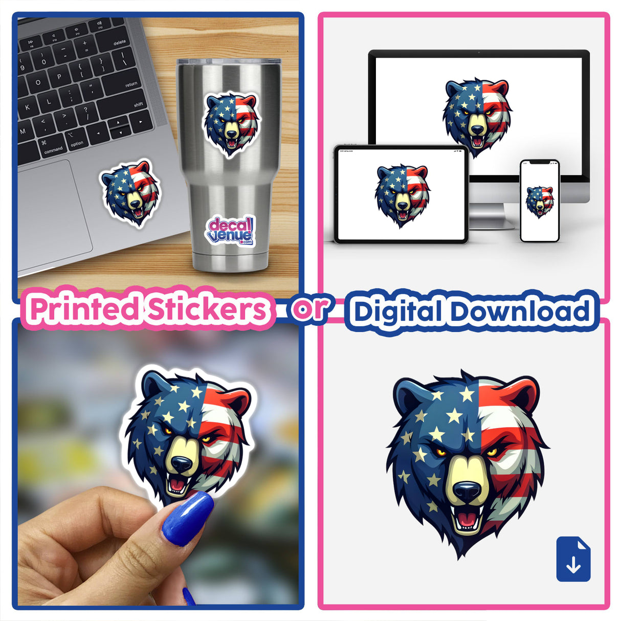 A collage featuring A Cool American Flag Bear sticker shown on various surfaces, including a laptop and cup, highlighting its versatile application as both a sticker and digital artwork.