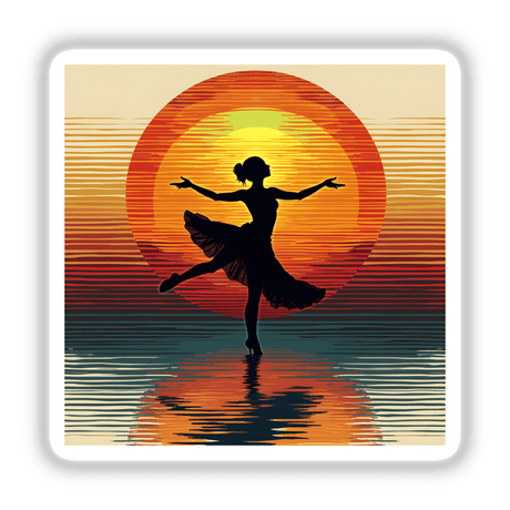 Silhouette of a woman dancing at sunset, titled Dancer Silhouette with Bold Color Stripes, available as stickers or digital artwork.