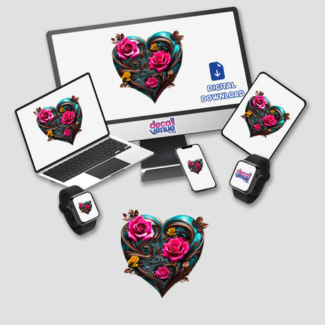 Bronze Swirl Heart with Pink and Yellow Roses displayed on a computer monitor and laptop, featuring intricate floral designs, available as stickers or digital artwork from Decal Venue.