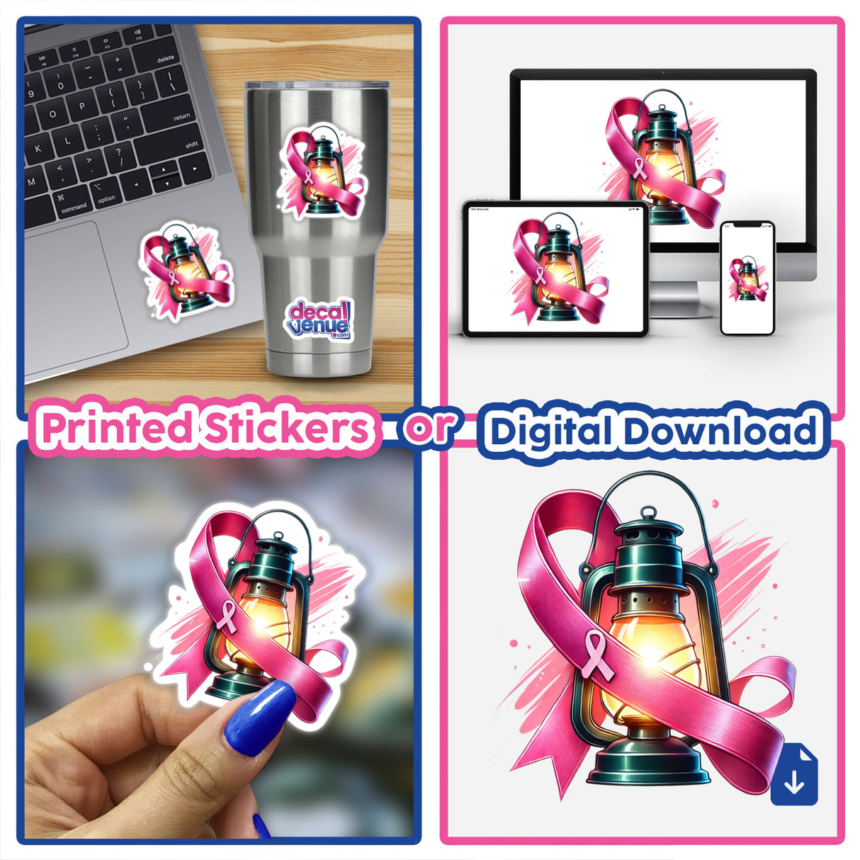 Collage featuring various Pink Ribbon and Lantern Breast Cancer Awareness stickers on a laptop, mug, and phone. Close-ups show a hand holding a sticker and a lantern with a pink ribbon.