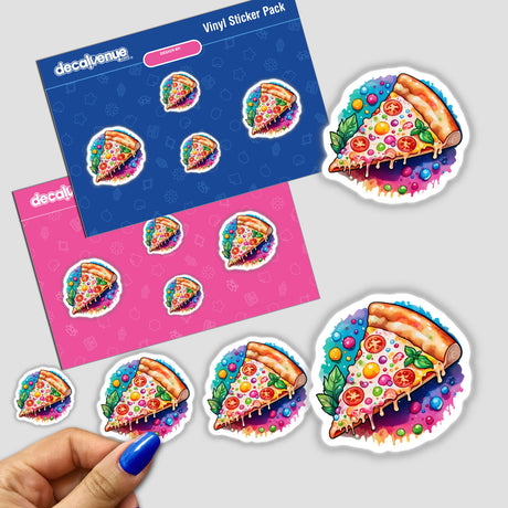 Sticker pack titled Melting Pizza, featuring various slices of pizza with colorful toppings. Available as physical stickers or digital artwork.