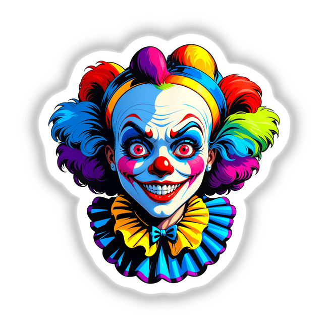 A Crazy Clown Girl cartoon featuring a vibrant clown face with exaggerated features and a yellow ruffle collar, available as unique stickers or digital artwork.