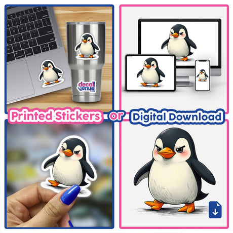 Cute Cartoon Penguin with Orange Feet collage featuring stickers on laptops, cups, and digital artwork options. Multiple cartoon penguin designs, showcasing versatility for various surfaces.