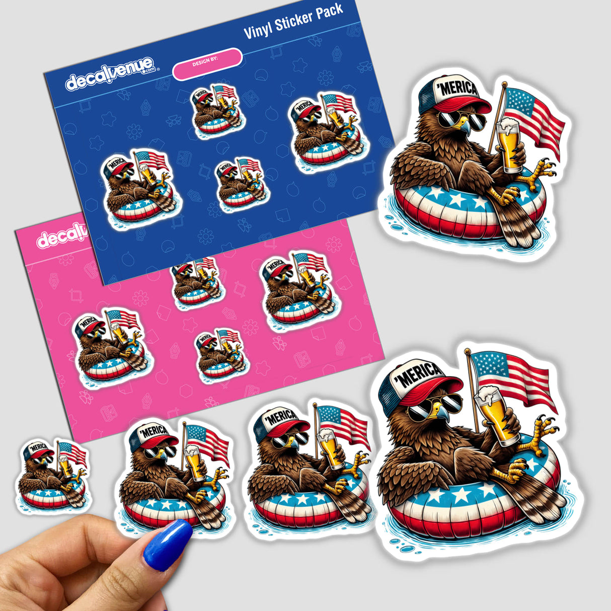 Patriotic eagle stickers with American flag decoration, displayed on a Decal Venue vinyl sticker pack