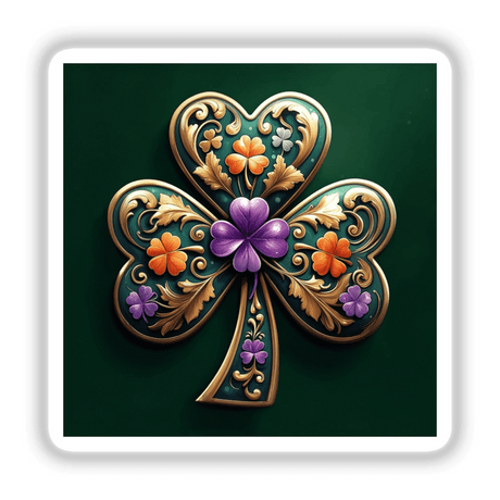 Baroque Shamrock – Ornate Clover with Gold Filigree adorned with vibrant flowers, available as stickers or digital artwork, showcasing Decal Venue's unique vinyl artistry.