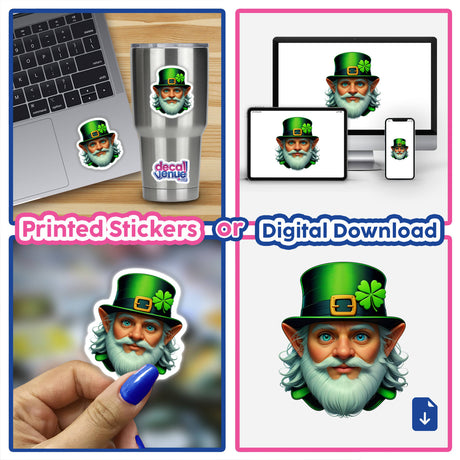 St. Patrick's Day Leprechaun stickers featuring a whimsical leprechaun with a white beard and green hat; perfect for laptops and other surfaces, available as stickers or digital artwork.