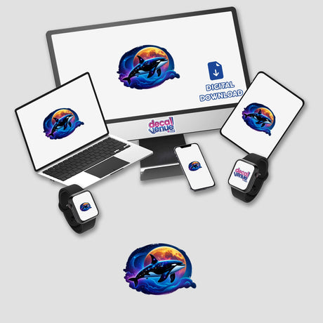 A Cute Magical Orca depicted as a whimsical cartoon logo on various digital devices, showcasing its availability as unique stickers or digital artwork from Decal Venue.