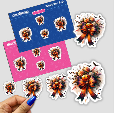 Vibrant Halloween-themed vinyl stickers featuring an orange, black, and white pumpkin bouquet design. The stickers are part of a Decal Venue product pack, showcasing their variety of festive digital artwork.