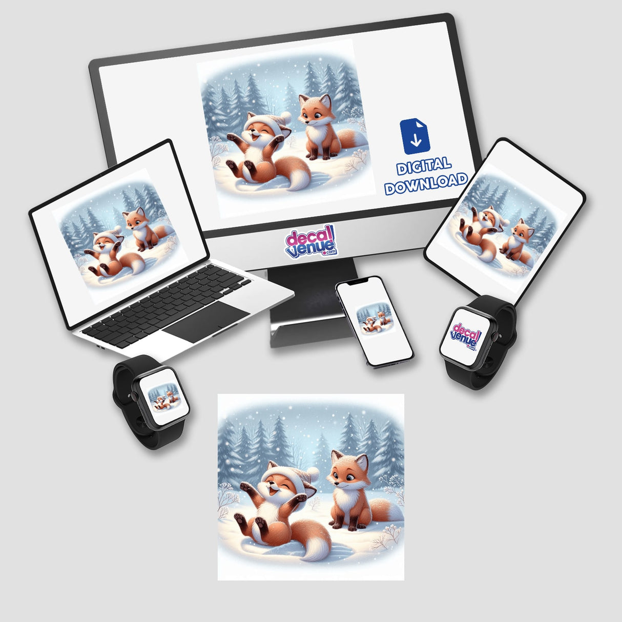 Two Foxes Playing digital artwork displayed on a computer monitor and laptop screen, showcasing playful foxes in the snow. Available as stickers or digital art from Decal Venue.