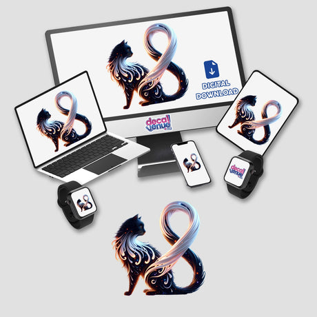 Cat White Ribbon Lung Cancer Awareness sticker featuring a cartoon cat with a ribbon and number eight on electronic screens, available as stickers or digital artwork from Decal Venue.