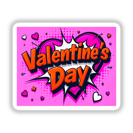 Valentine's Day Love Heart sticker or digital artwork featuring a pink comic book-style design with white text and various heart graphics, perfect for adding a romantic touch to your collection.