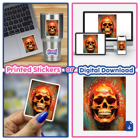 Abstract 3D Skull Art collage featuring a laptop adorned with a vivid skull sticker, showcasing the unique vinyl sticker selection from Decal Venue. Available as a sticker or digital artwork.