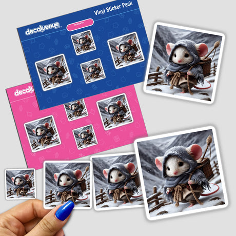 Winter Mouse sticker pack featuring cartoon mice in winter attire, including scarves and hats, held by a hand. Available as stickers or digital artwork from Decal Venue.