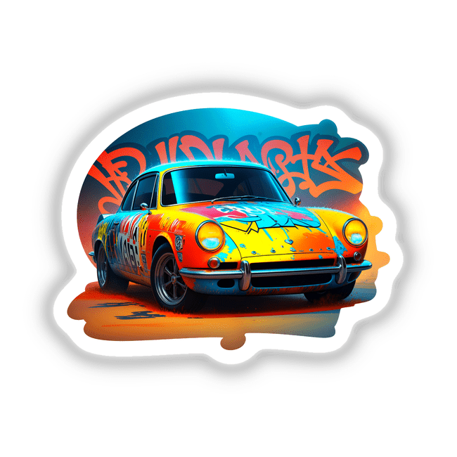 A Classic Graffiti Car sticker or digital artwork depicting a car adorned with vibrant, intricate graffiti designs. Ideal for enthusiasts of unique vinyl stickers and digital art.