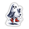 Halloween Dancing Sneakers Ghost: A cartoon ghost with red shoes, hovering against a black background. Available as a sticker or digital artwork from Decal Venue.