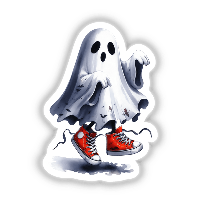 Halloween Dancing Sneakers Ghost: A cartoon ghost with red shoes, hovering against a black background. Available as a sticker or digital artwork from Decal Venue.