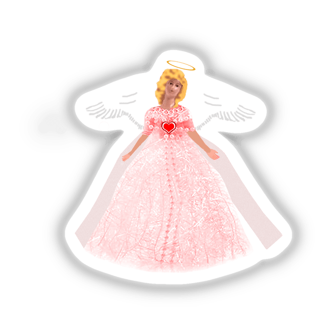 Pink Angel cartoon featuring a woman in a pink dress with a red heart accent, available as stickers or digital artwork.