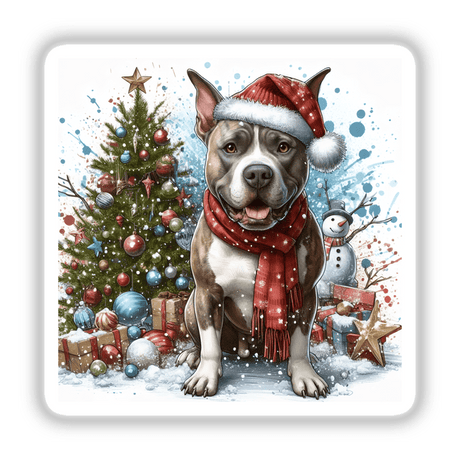 Watercolor Christmas Pitbull Dog wearing a hat and scarf, available as stickers or digital artwork.