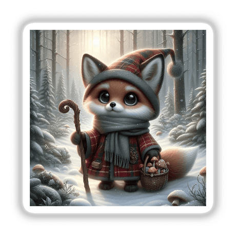 Foxy Forager: A cartoon fox in a hat and scarf, holding baskets filled with mushrooms in a snowy forest. Available as stickers or digital artwork from Decal Venue.