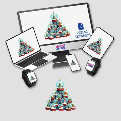 Christmas Snow Globes Stacked Pile displayed on a laptop and monitor screen, featuring festive snow globes with snowmen and Christmas trees. Available as unique stickers or digital artwork.