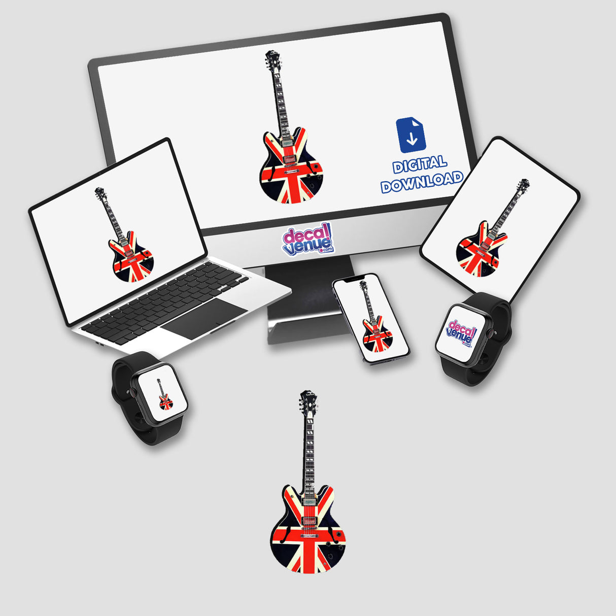 Union Jack Electric Guitar depicted on a computer monitor, laptop, tablet, and smartwatch, showcasing its availability as stickers or digital artwork from Decal Venue.