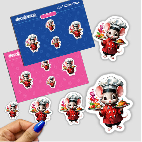 Cute Chef Mouse Sticker Design: Whimsical Culinary Adventures - a cartoon mouse holding plates of food, perfect for adding a playful touch to any surface.