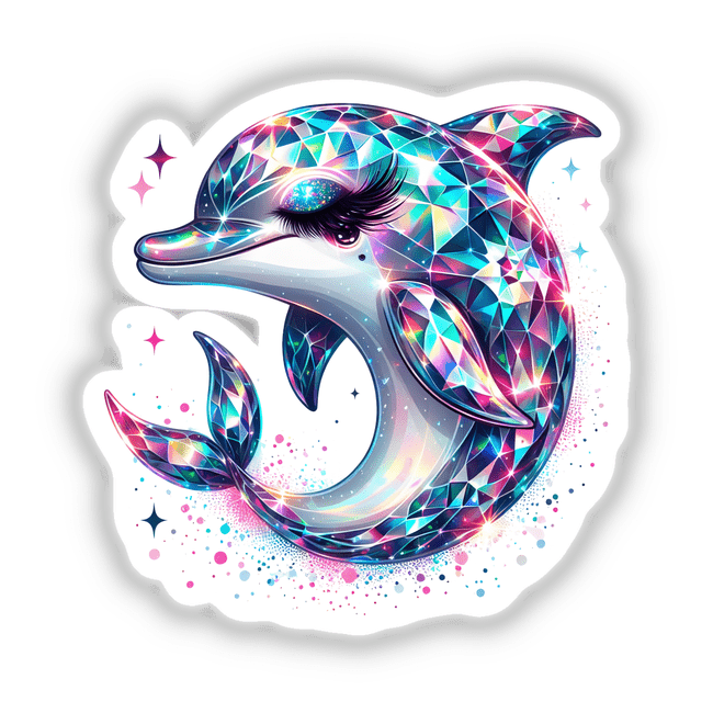 Colorful and shimmering digital artwork of a faceted dolphin with sparkling fins and tail, surrounded by stars and glittering accents, creating a whimsical and enchanting design.