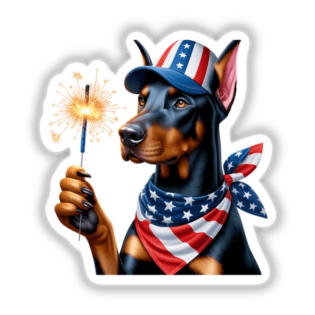 Doberman Pinscher Dog Holding Sparkler 4th of July Patriotic