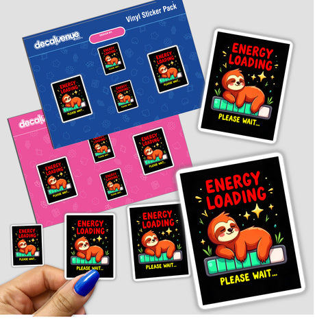 Energy Loading Please Wait Cute Sloth Quote sticker featuring a cartoon sloth on a black background. Suitable for purchase as stickers or digital artwork from Decal Venue.