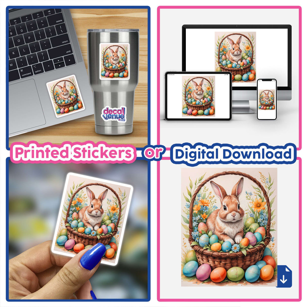 A collage featuring A Cute Easter Bunny In A Basket With Eggs, depicted as whimsical artwork available as stickers or digital art, highlighting a charming rabbit surrounded by eggs and laptops.