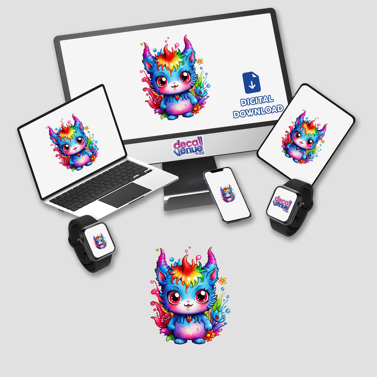 Cute devil-themed stickers and digital artwork showing colorful cartoon cats on a computer monitor and laptop screens.