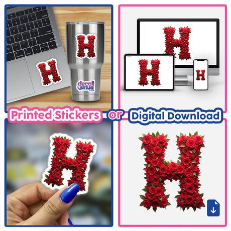 Elegant Floral Letter H Clipart - Downloadable Sticker with Commercial Rights, featuring a collage of the letter H adorned with flowers, showcased on various digital devices and a silver cup.