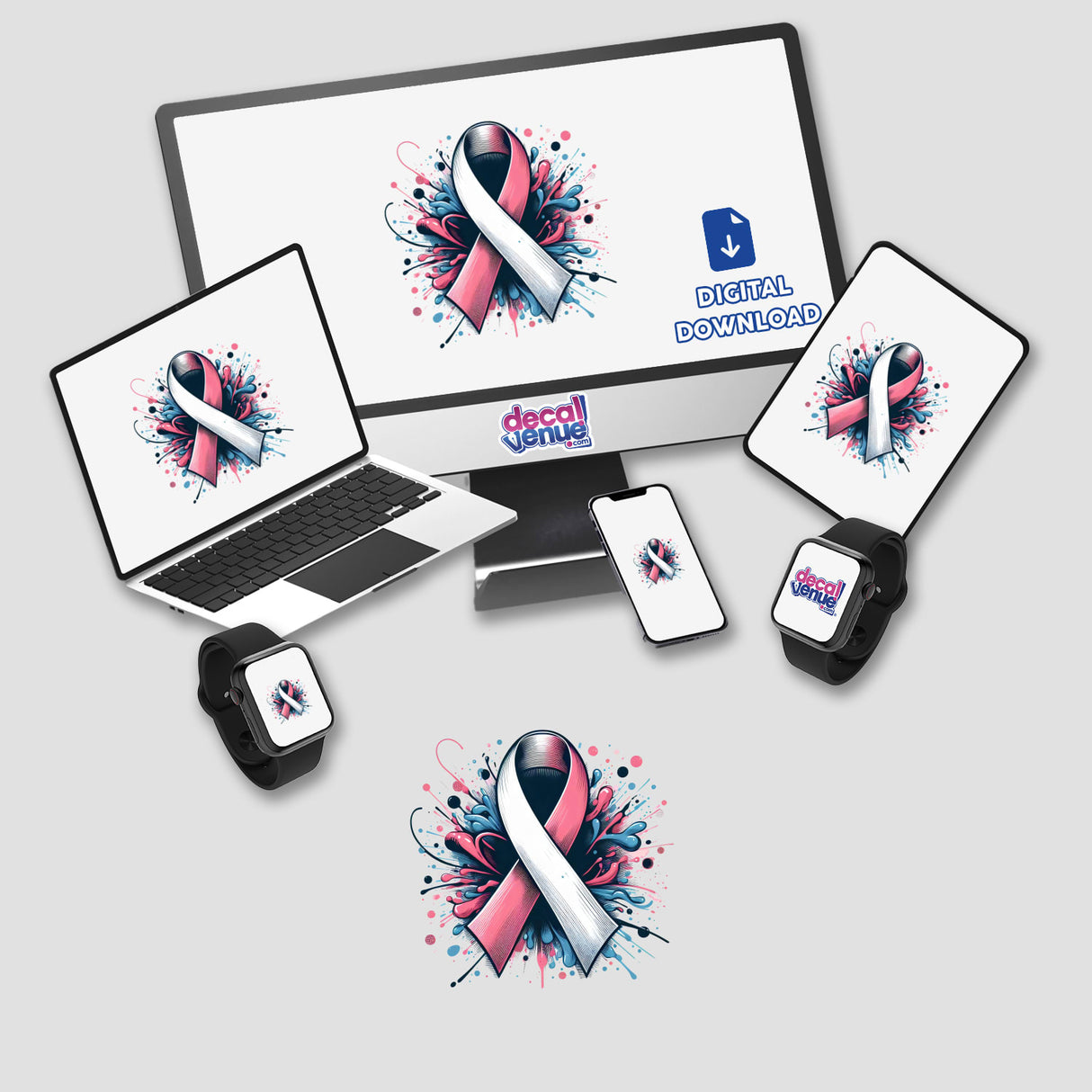 Cancer Ribbon Splatter: A digital artwork featuring a computer monitor and laptop displaying pink ribbon designs, symbolizing cancer awareness. Available as stickers or digital artwork.