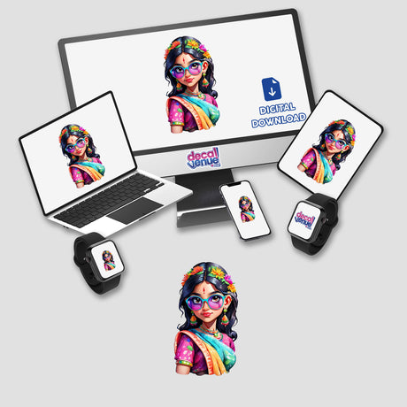 Vibrant Indian Girl Sticker - Colorful Sunglasses Illustration displayed on a computer monitor and laptop screen, showcasing the cartoon image of a woman wearing colorful sunglasses.