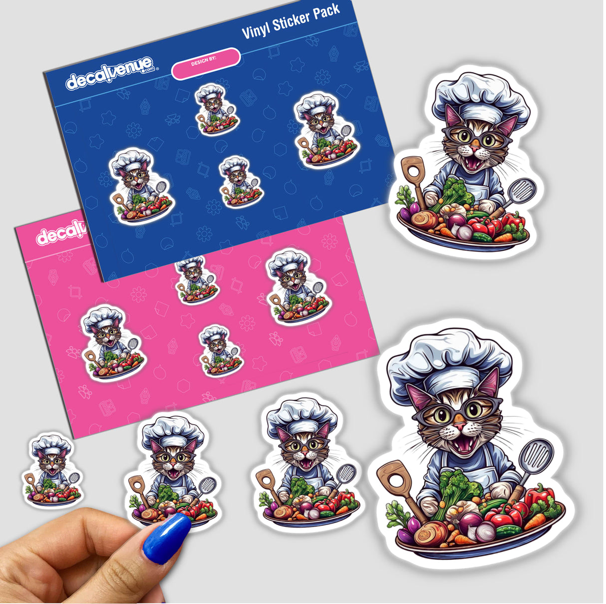 Sticker pack titled Chef Cat with Vegetables and Cooking Utensils featuring a cartoon cat wearing a chef hat and glasses, surrounded by vegetables and culinary items. Available as stickers or digital artwork.