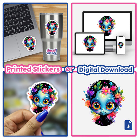 Grumpy Extraterrestrial: Floral Splash Alien Sticker featuring a cartoon alien adorned with flowers, shown in various applications like laptops, cups, and as digital artwork.