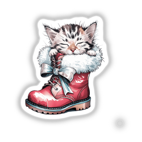 Watercolor Christmas Kitten in Santa Boot, featuring a whimsical cat nestled inside a pink boot. Available as stickers or digital artwork, capturing festive charm for Decal Venue's unique collection.