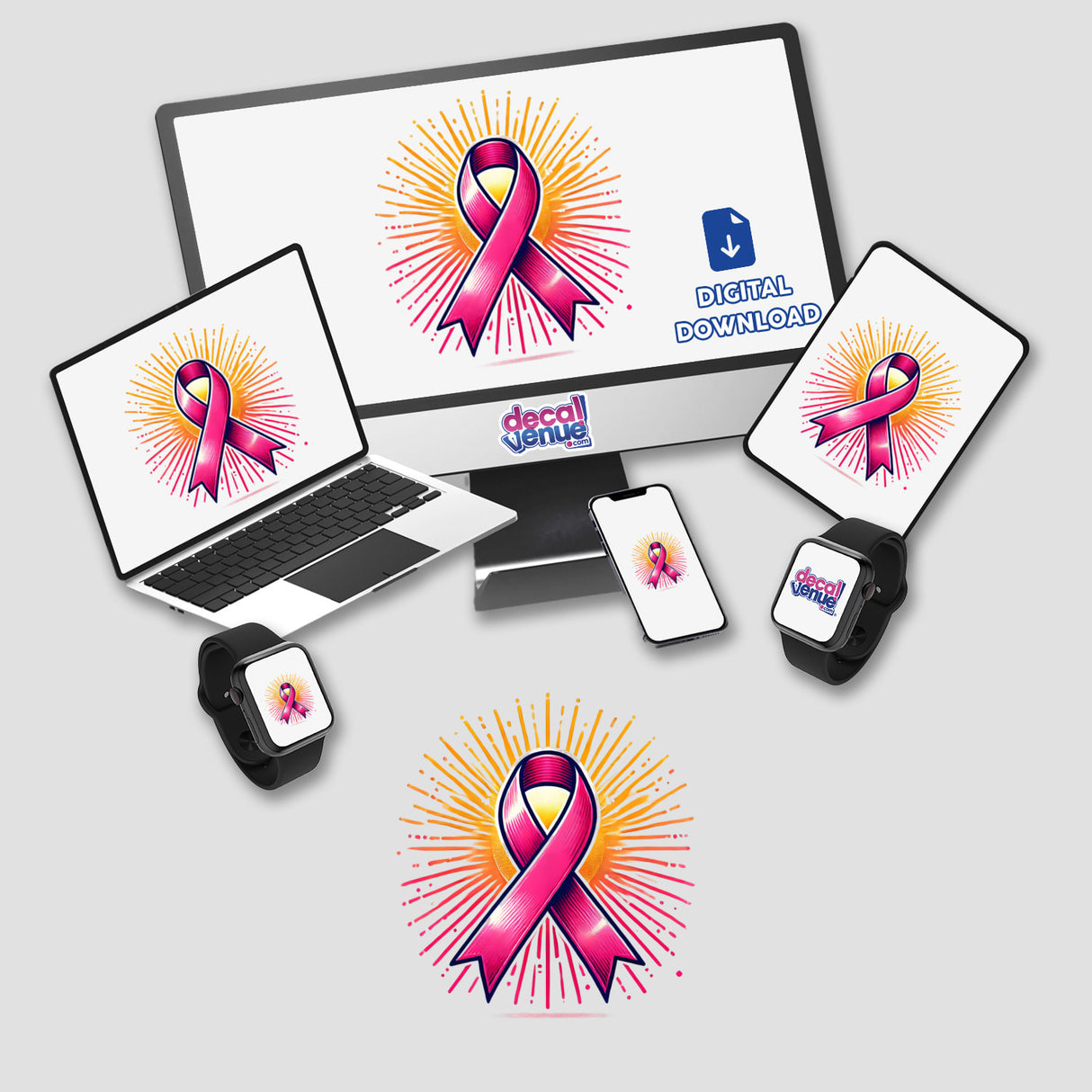 Computer monitor and laptop displaying Pink Ribbon and Sunburst Breast Cancer Awareness stickers or digital artwork.