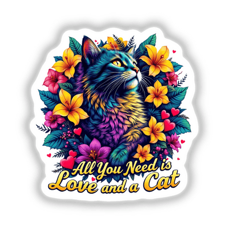 Cat Love artwork featuring a colorful cat embellished with flowers and hearts, available as vinyl stickers or digital art at Decal Venue. Perfect for adding a unique touch to any space.