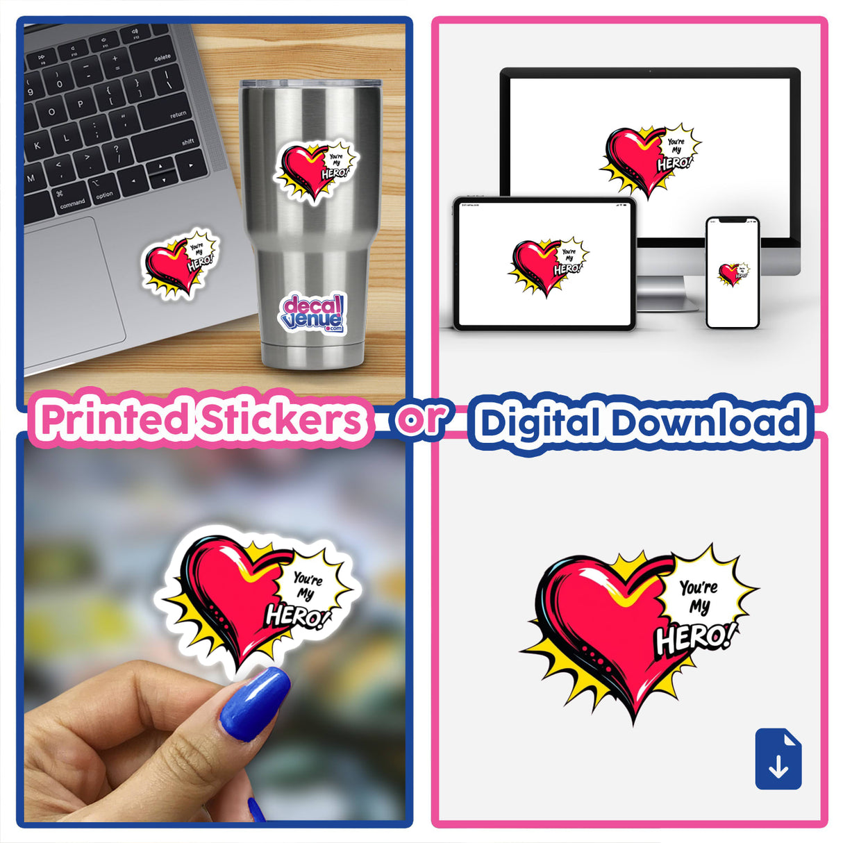 Collage showcasing Love Hearts as stickers and digital art, featuring a laptop adorned with a heart sticker.