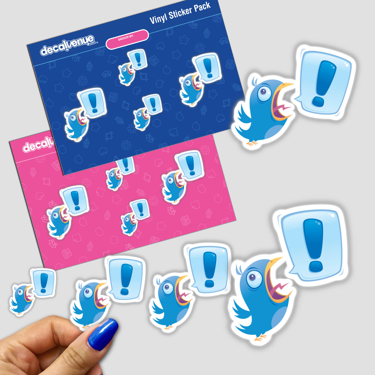 TWEEEEET!!! Shouting Bluebird sticker featuring a vibrant blue bird with an exclamation mark, available as a single or in a sticker pack from Decal Venue.