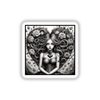 Female in the Land of Hearts: A black and white digital artwork of a woman with long hair adorned with flowers and a heart motif on her chest, available as stickers or artwork.