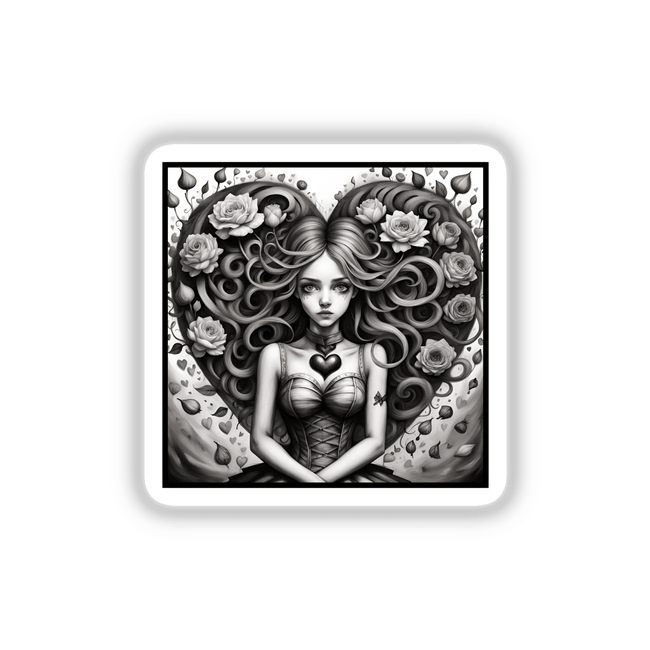 Female in the Land of Hearts: A black and white digital artwork of a woman with long hair adorned with flowers and a heart motif on her chest, available as stickers or artwork.