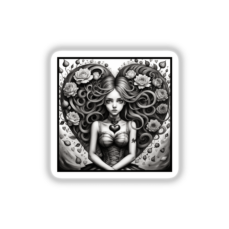 Female in the Land of Hearts: A black and white digital artwork of a woman with long hair adorned with flowers and a heart motif on her chest, available as stickers or artwork.